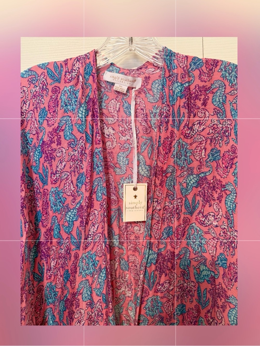 Simply Southern Pink Seahorse Coral Kimono Wrap Swim Cover~One Size~NWT NEW